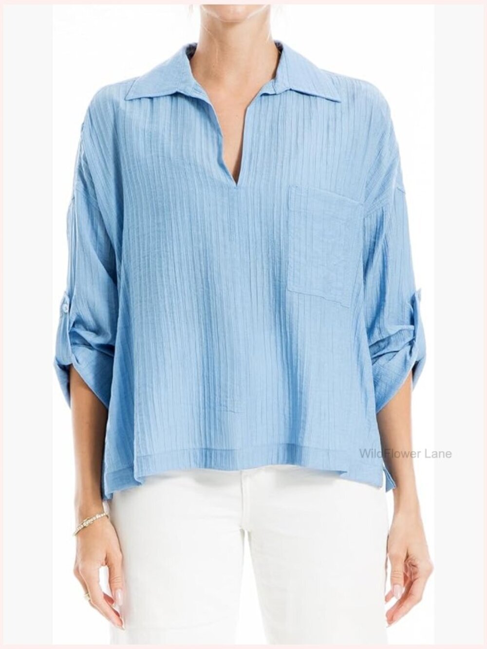 Tab Sleeve V-Neck Blouse with Collar - Blouses